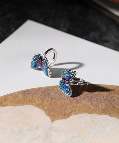 Vintage Blue Sterling Silver Butterfly Cloisonne Hoop Earrings