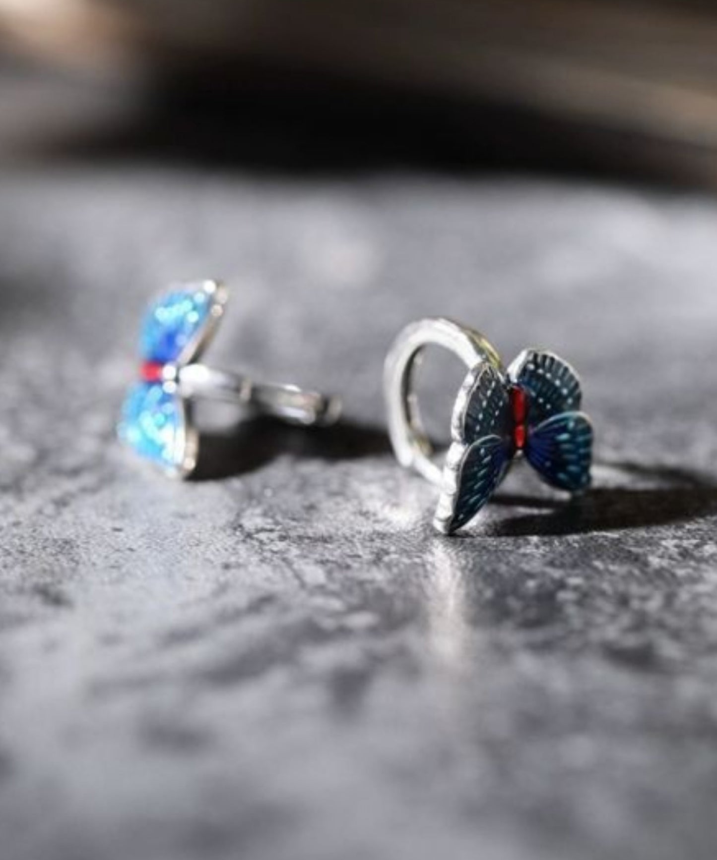 Vintage Blue Sterling Silver Butterfly Cloisonne Hoop Earrings