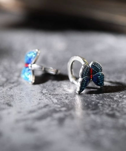 Vintage Blue Sterling Silver Butterfly Cloisonne Hoop Earrings