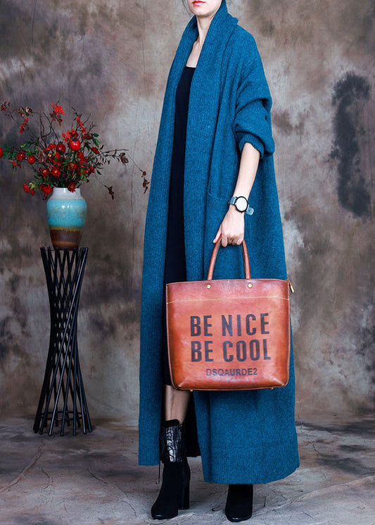 Vintage Blue V Neck Pockets Fall Knit Cardigan