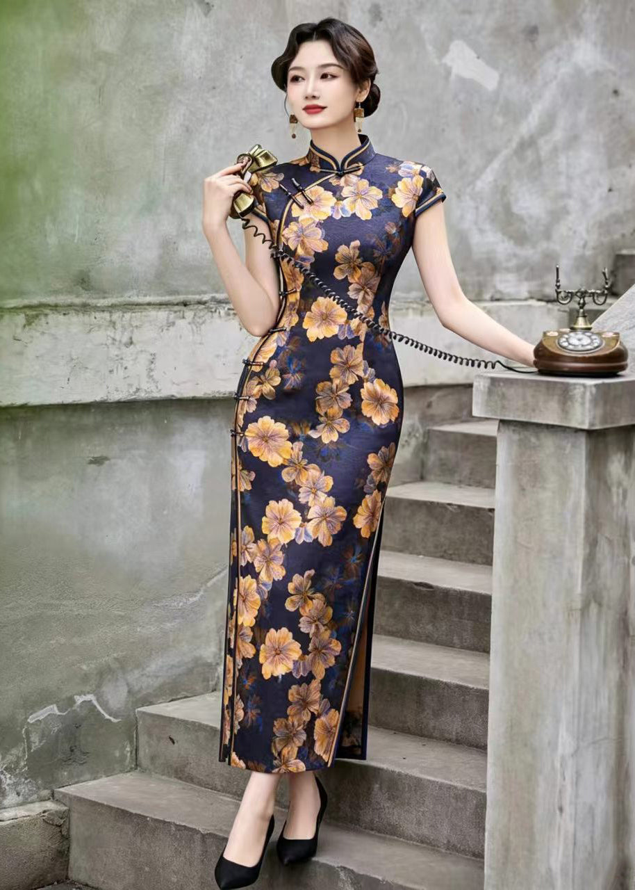 Vintage Blue Yellow Floral Stand Collar Chinese Buttons Vacation Dresses Summer