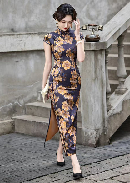 Vintage Blue Yellow Floral Stand Collar Chinese Buttons Vacation Dresses Summer