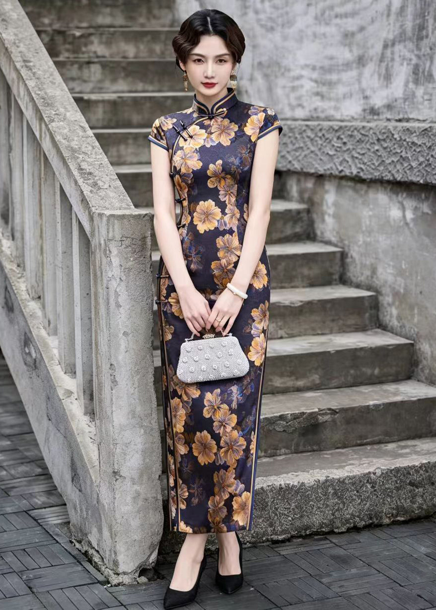 Vintage Blue Yellow Floral Stand Collar Chinese Buttons Vacation Dresses Summer