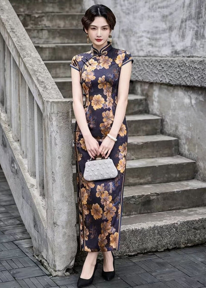 Vintage Blue Yellow Floral Stand Collar Chinese Buttons Vacation Dresses Summer