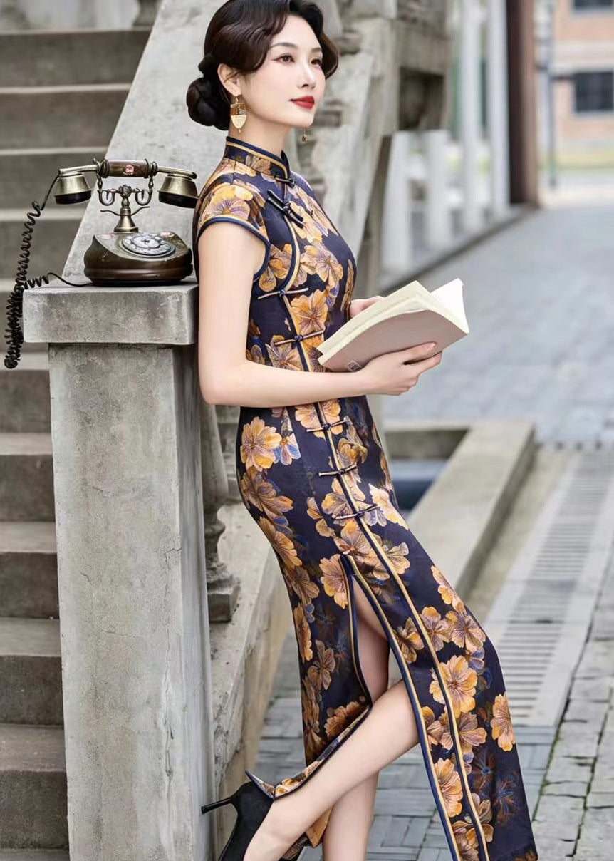 Vintage Blue Yellow Floral Stand Collar Chinese Buttons Vacation Dresses Summer
