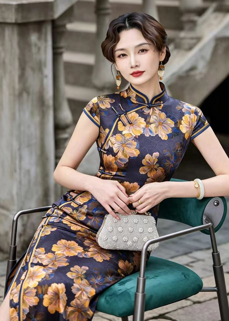 Vintage Blue Yellow Floral Stand Collar Chinese Buttons Vacation Dresses Summer