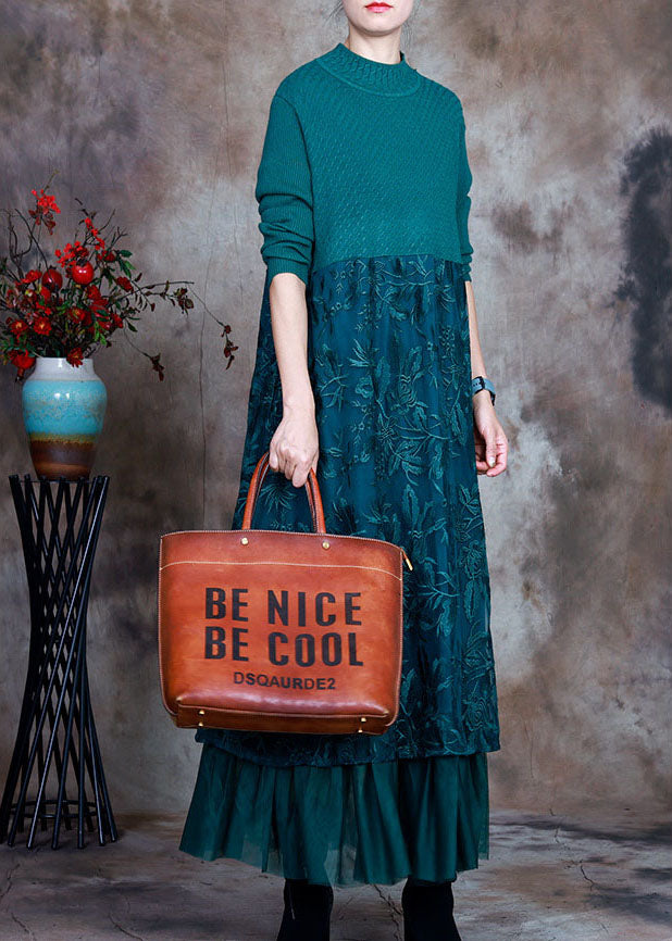 Vintage Blue slim fit Lace Patchwork Knit Fall Wool Dress