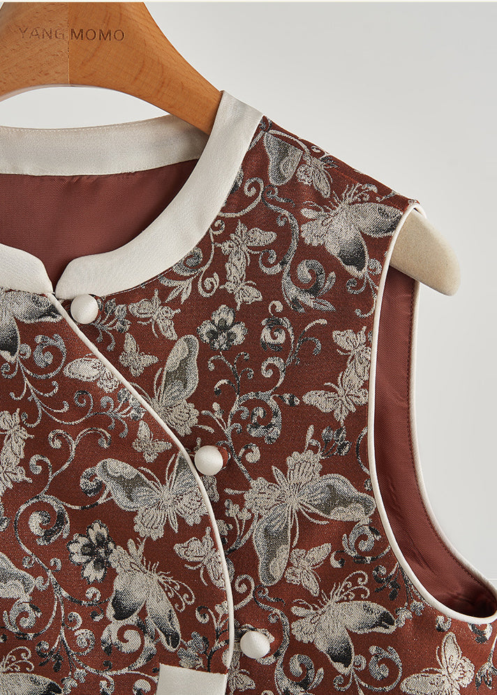 Vintage Brick Red Butterfly Jacquard Cotton Vests Fall