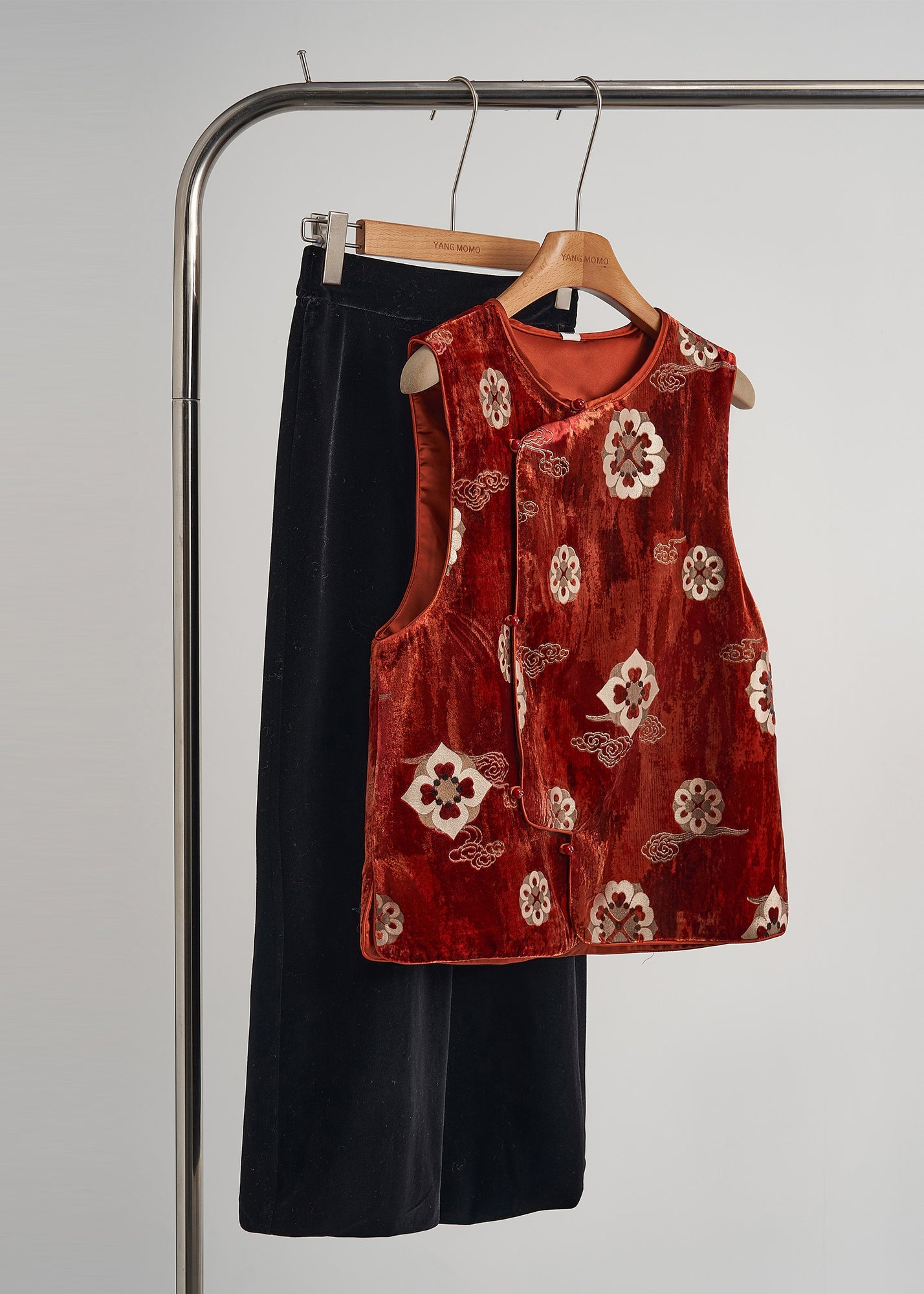 Vintage Brick Red Jacquard Silk Velvet Vests Sleeveless
