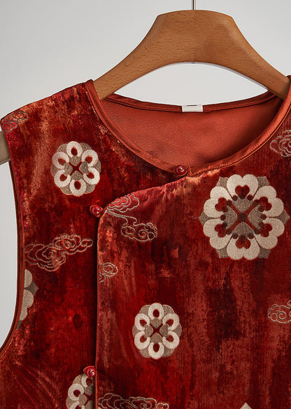 Vintage Brick Red Jacquard Silk Velvet Vests Sleeveless