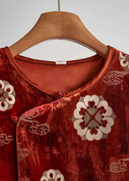 Vintage Brick Red Jacquard Silk Velvet Vests Sleeveless