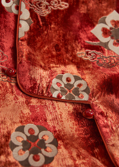 Vintage Brick Red Jacquard Silk Velvet Vests Sleeveless