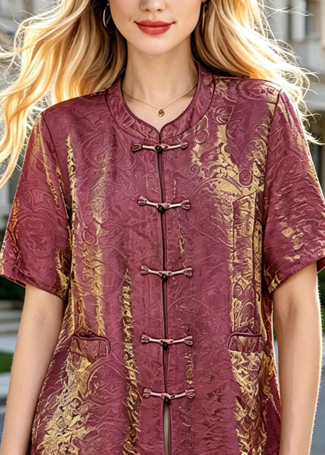 Vintage Brick Red O Neck Oriental Button Cotton Top Summer