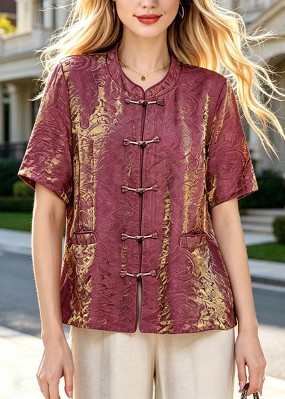 Vintage Brick Red O Neck Oriental Button Cotton Top Summer