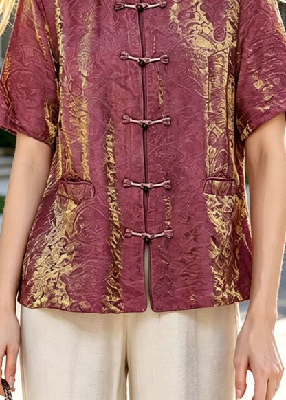 Vintage Brick Red O Neck Oriental Button Cotton Top Summer