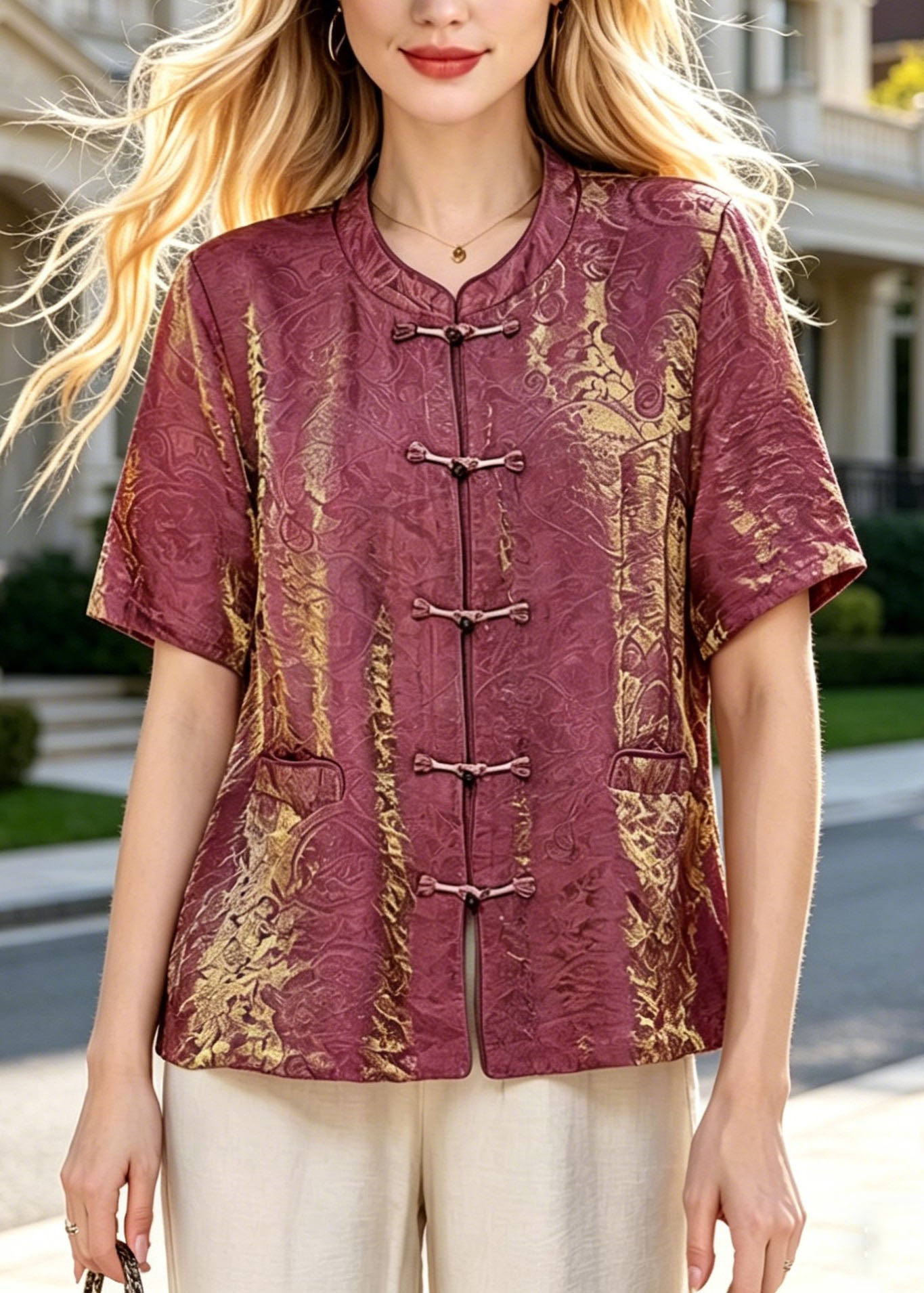 Vintage Brick Red O Neck Oriental Button Cotton Top Summer