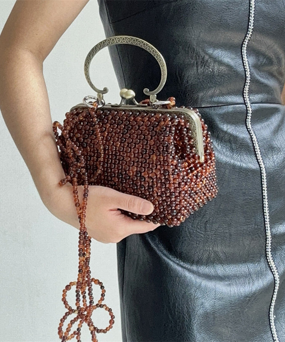 Vintage Brown Acrylic Beaded Box Cut Out Clutch