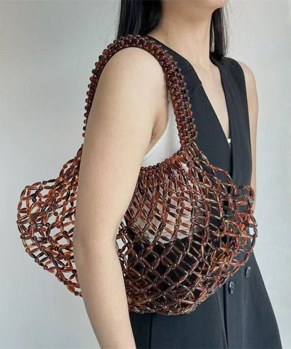 Vintage Brown Beaded Woven Cut Out Shoulder Bag