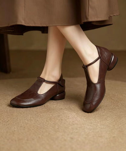 Vintage Brown Buckle Strap Cowhide Leather Low Heel Mary Jane Shoes