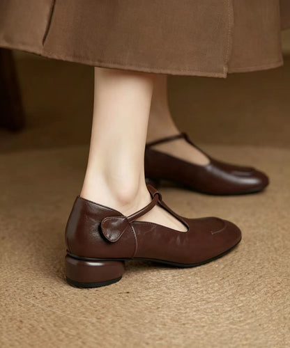 Vintage Brown Buckle Strap Cowhide Leather Low Heel Mary Jane Shoes