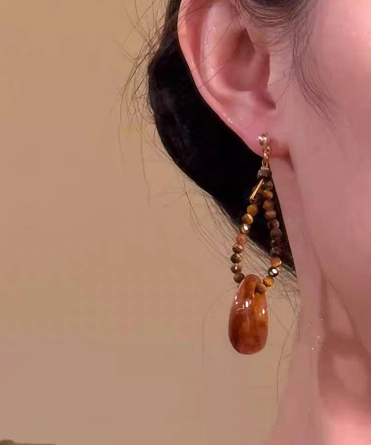 Vintage Brown Copper Overgild Asymmetrical Tiger's Eye Beading Tassel Drop Earrings