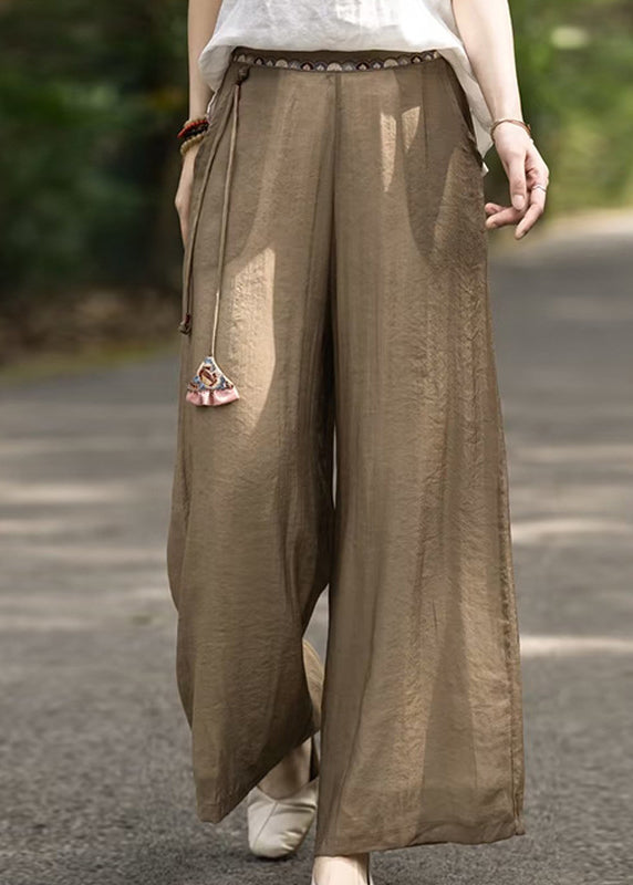 Vintage Brown Embroidered Tasseled Linen Wide Leg Pants Summer