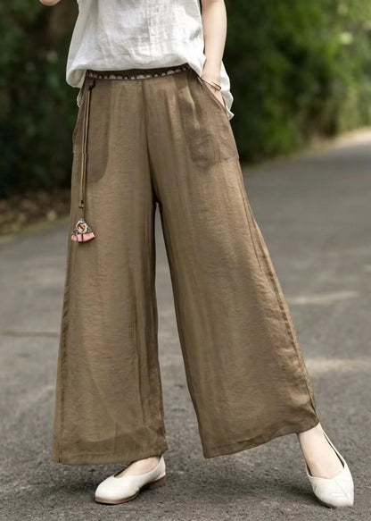 Vintage Brown Embroidered Tasseled Linen Wide Leg Pants Summer
