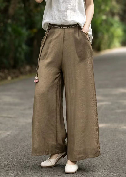 Vintage Brown Embroidered Tasseled Linen Wide Leg Pants Summer