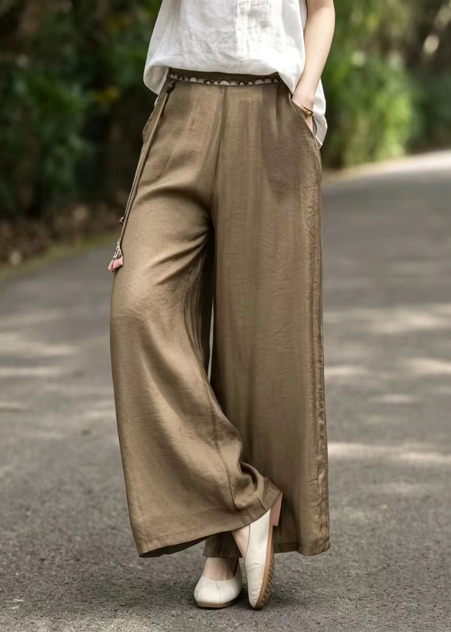 Vintage Brown Embroidered Tasseled Linen Wide Leg Pants Summer