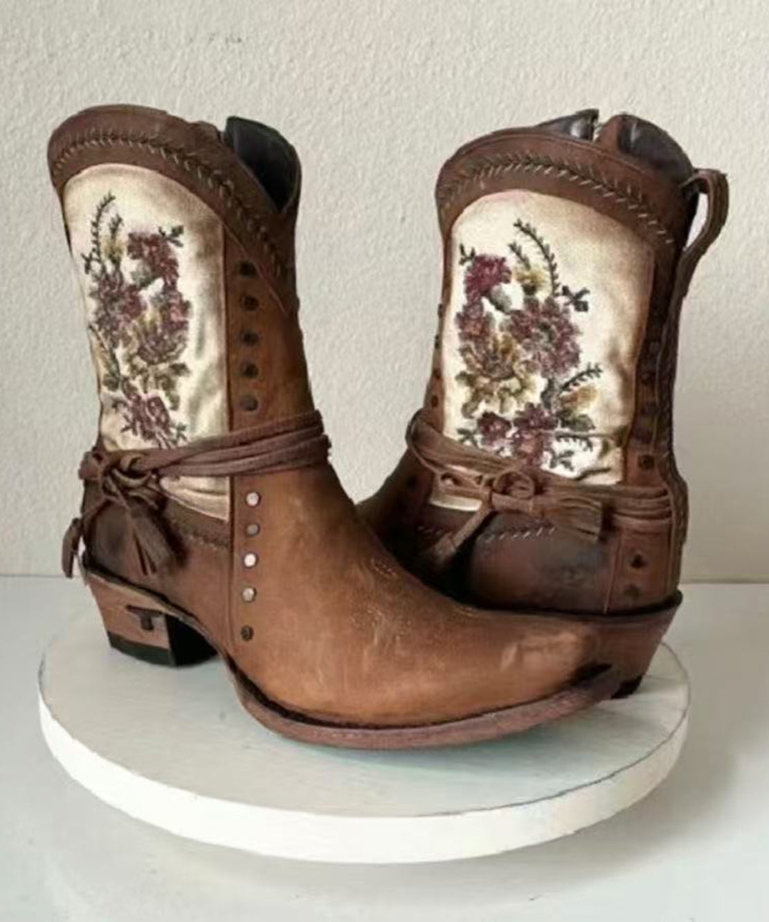 Vintage Brown Embroidery Side Zipper Chunky Split Cowhide Leather Cowgirl Boots