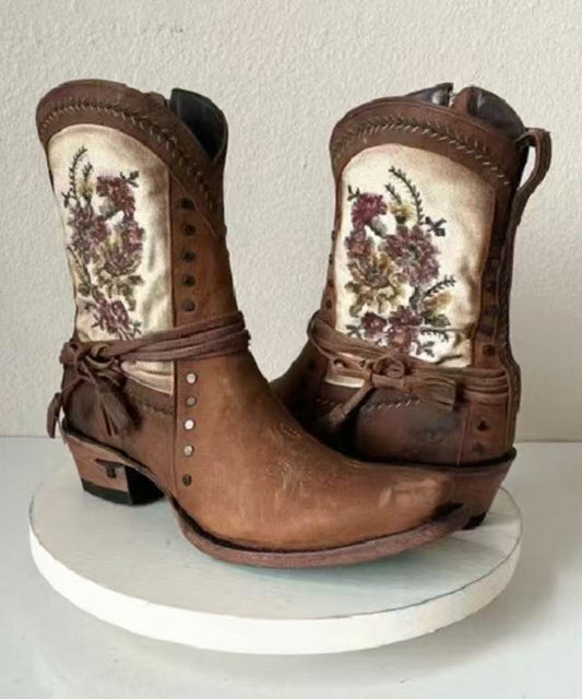 Vintage Brown Embroidery Side Zipper Chunky Split Cowhide Leather Cowgirl Boots
