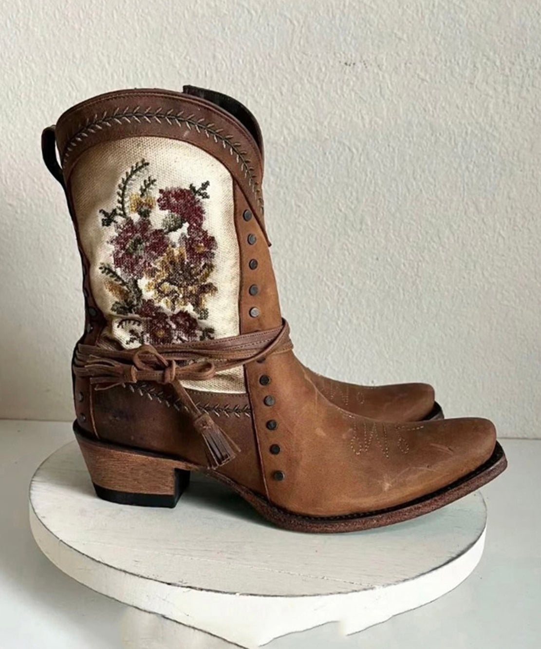 Vintage Brown Embroidery Side Zipper Chunky Split Cowhide Leather Cowgirl Boots