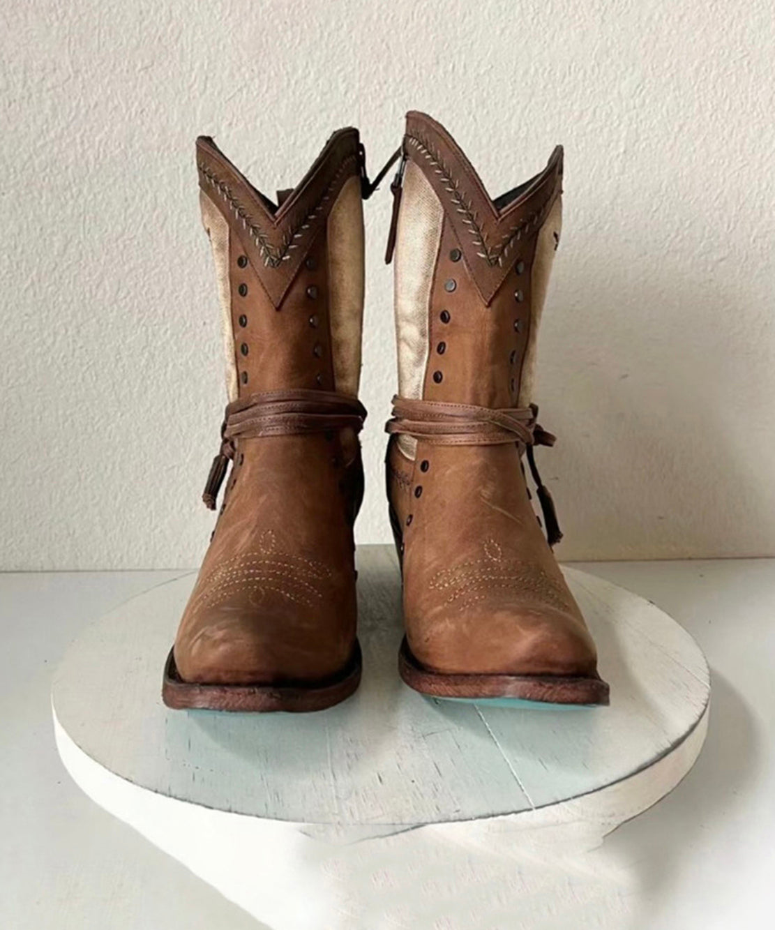 Vintage Brown Embroidery Side Zipper Chunky Split Cowhide Leather Cowgirl Boots