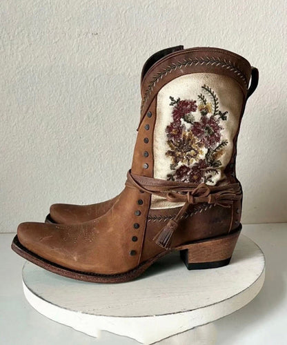 Vintage Brown Embroidery Side Zipper Chunky Split Cowhide Leather Cowgirl Boots