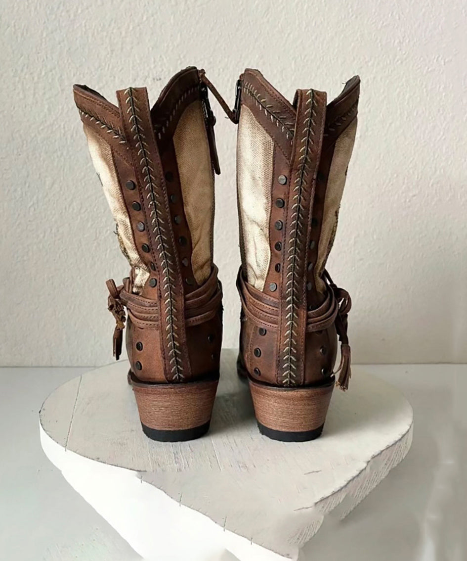 Vintage Brown Embroidery Side Zipper Chunky Split Cowhide Leather Cowgirl Boots