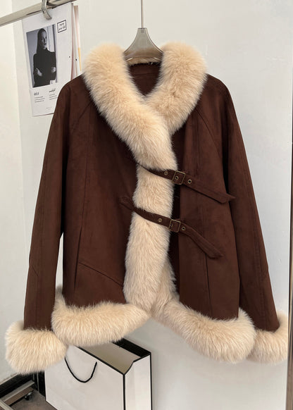 Vintage Brown Fox Collar Pockets Patchwork Duck Down Coats Winter