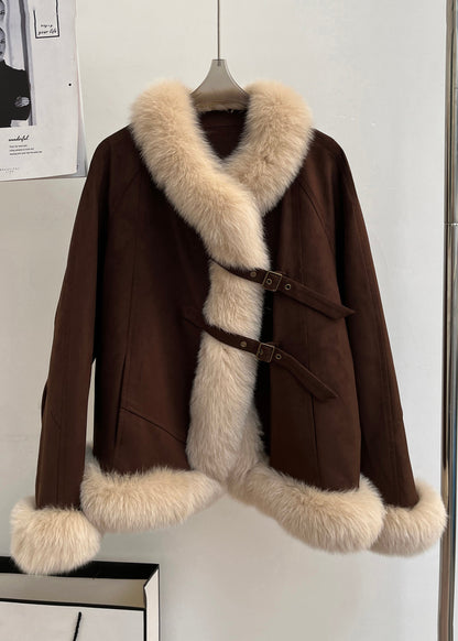 Vintage Brown Fox Collar Pockets Patchwork Duck Down Coats Winter