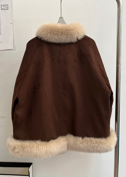 Vintage Brown Fox Collar Pockets Patchwork Duck Down Coats Winter