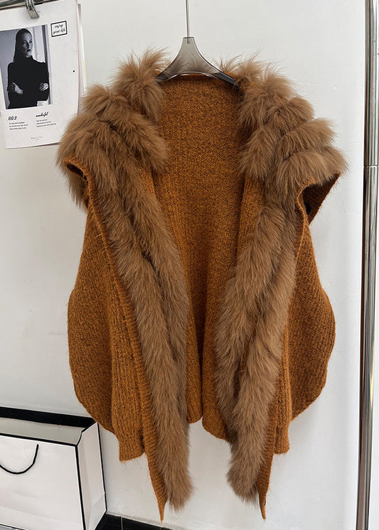 Vintage Brown Fox Collar Pockets Patchwork Knit Coats Fall