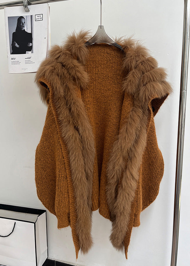 Vintage Brown Fox Collar Pockets Patchwork Knit Coats Fall