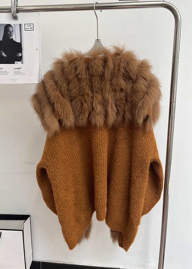 Vintage Brown Fox Collar Pockets Patchwork Knit Coats Fall