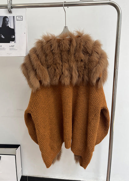Vintage Brown Fox Collar Pockets Patchwork Knit Coats Fall