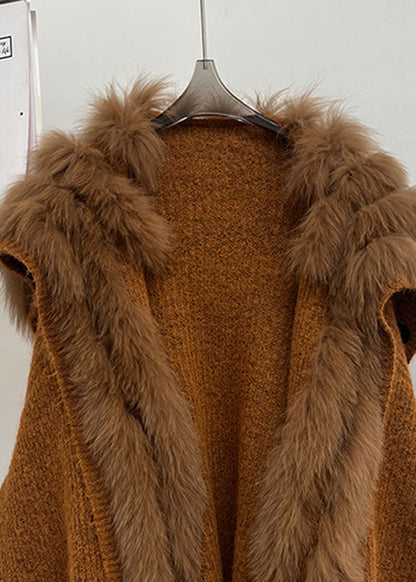 Vintage Brown Fox Collar Pockets Patchwork Knit Coats Fall