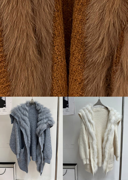 Vintage Brown Fox Collar Pockets Patchwork Knit Coats Fall