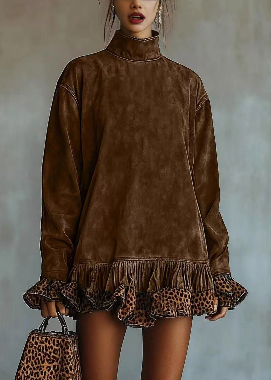 Vintage Brown High Neck Patchwork Ruffles Velvet Dress Fall