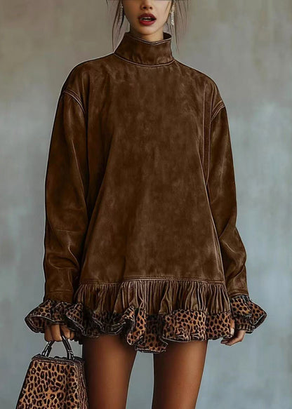 Vintage Brown High Neck Patchwork Ruffles Velvet Dress Fall
