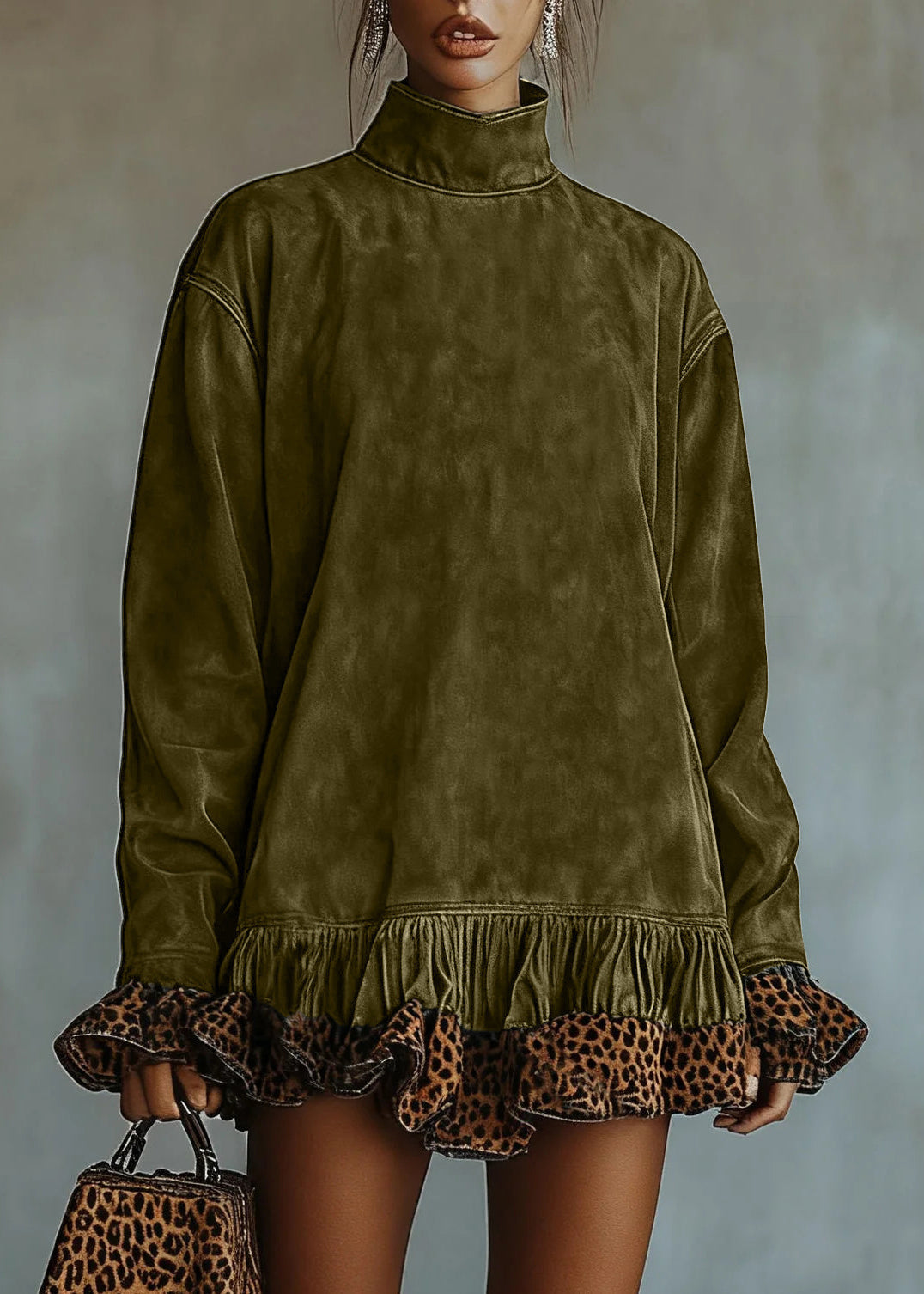 Vintage Brown High Neck Patchwork Ruffles Velvet Dress Fall