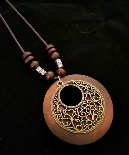 Vintage Brown Hollow Out Floral Leather Ltrap Alloy Wooden Pendant Necklace