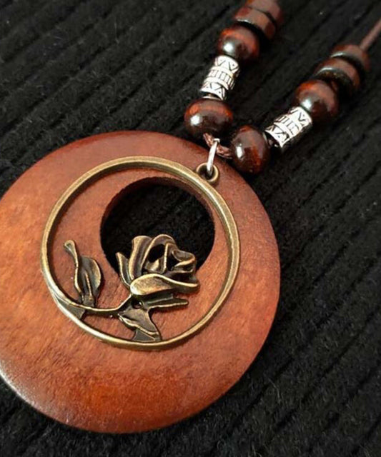 Vintage Brown Hollow Out Floral Leather Ltrap Alloy Wooden Pendant Necklace