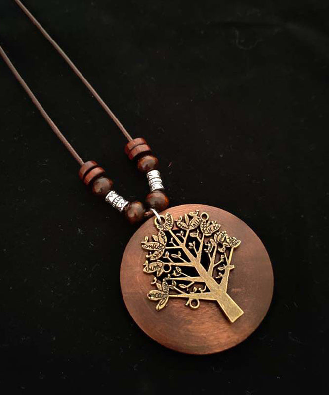 Vintage Brown Hollow Out Floral Leather Ltrap Alloy Wooden Pendant Necklace